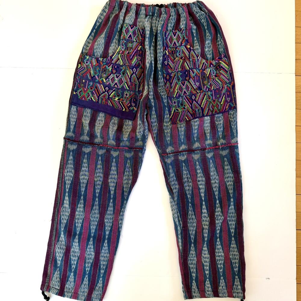 Vintage Artesanias Guatemalan Woven Pants Size XS/S Blue Boho Festival Hippie